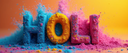 The word HOLI is artistically crafted from vibrant powders, surrounded by a cloud of blue and pink hues, celebrating the joyous festival of colors. This lively image captures the essence of Holi, evoking feelings of happiness, unity, and the spirit of celebration through its bright colors and playful atmosphere.の素材