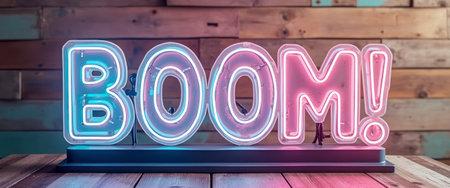 This striking neon sign boldly spells out BOOM in bright pink and blue hues, set against a rustic wooden backdrop. The lively colors and playful design create an energetic atmosphere, perfect for celebrations or events that call for excitement and flair.の素材