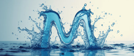A stunning splash of water elegantly forms the letter M, creating a captivating visual effect against a serene backdrop. The vibrant blue hues and dynamic movement evoke feelings of freshness and creativity, making this image perfect for artistic and branding purposes.の素材