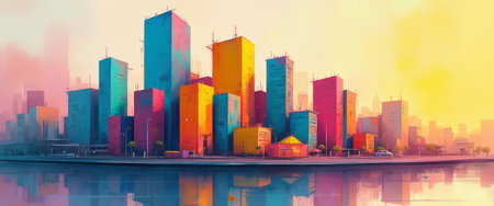 A stunning city skyline bursts with vibrant colors, showcasing a blend of modern architecture against a serene water backdrop. The reflection in the calm waters amplifies the lively hues, creating a dreamlike atmosphere that invites exploration and wonder.の素材