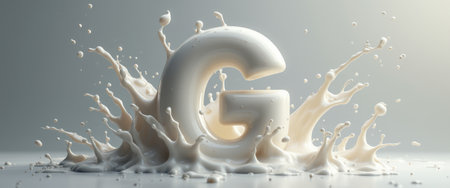 A striking letter G emerges from a dramatic splash of creamy milk, creating a captivating visual spectacle. The interplay of smooth textures and fluid motion evokes a sense of freshness and vitality, making it perfect for branding or creative projects.の素材