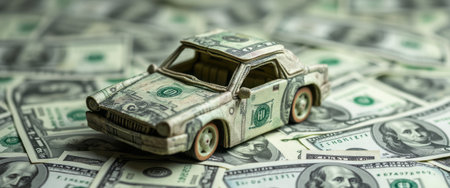 A whimsical toy car crafted from dollar bills sits atop a sea of real money, creating a playful yet thought-provoking scene. This imaginative composition symbolizes wealth and the playful nature of financial aspirations, inviting viewers to reflect on the relationship between money and dreams.の素材