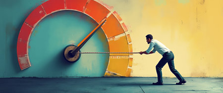A determined man in a white shirt and dark pants is pulling a large gauge with a rope, symbolizing the effort to achieve goals and measure success. The vibrant colors of the gauge contrast with the muted background, creating a dynamic visual that embodies ambition and the drive for improvement.の素材