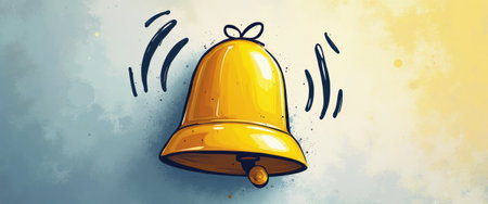 A cheerful yellow bell is depicted in a playful style, surrounded by dynamic waves that suggest sound and movement. This lively illustration captures the essence of celebration and joy, making it perfect for festive occasions or announcements.の素材