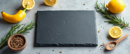 A sleek slate board is elegantly surrounded by vibrant lemons, ripe bananas, and aromatic rosemary, creating a fresh and inviting culinary scene. This composition highlights the beauty of natural ingredients, perfect for inspiring delicious recipes and healthy cooking.の素材