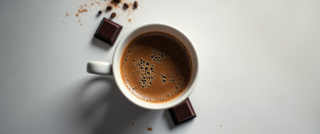 A steaming cup of rich coffee sits invitingly on a clean white surface, accompanied by pieces of dark chocolate. The warm, frothy texture of the coffee contrasts beautifully with the smooth, glossy chocolate, creating a delightful scene that evokes comfort and indulgence.の素材