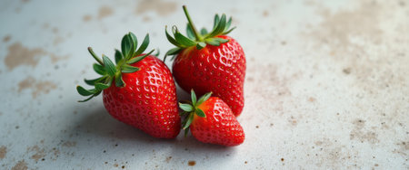 Three luscious strawberries, varying in size, rest on a rustic, textured surface, showcasing their vibrant red hue and leafy green tops. This delightful arrangement evokes a sense of freshness and natural beauty, perfect for culinary inspiration or healthy living themes.の素材