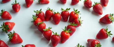 A delightful arrangement of vibrant red strawberries forms a heart shape, surrounded by more strawberries scattered artistically. This image radiates love and freshness, perfect for celebrating romance or healthy living.の素材