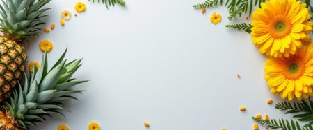 A stunning layout featuring fresh pineapples and cheerful yellow gerbera daisies creates a lively tropical vibe. This vibrant composition, framed by lush green ferns, evokes feelings of summer joy and freshness, perfect for celebrations or seasonal events.の素材