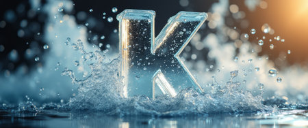 A striking illuminated letter K emerges from a dynamic splash of water, creating a captivating visual spectacle. The interplay of light and water droplets evokes a sense of energy and creativity, making it perfect for branding or artistic projects.の素材