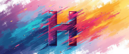 A striking letter H stands prominently against a dynamic backdrop of vivid colors, creating an energetic and modern feel. The colorful splashes evoke a sense of creativity and excitement, making it perfect for artistic projects or branding.の素材