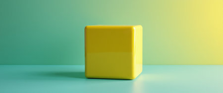 A glossy yellow cube stands prominently on a smooth surface, set against a soothing gradient of teal and soft yellow. This minimalist composition evokes a sense of modernity and playfulness, inviting viewers to appreciate the beauty of simplicity and color.の素材