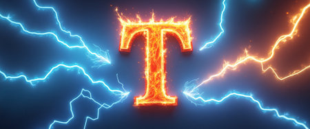 A striking letter T ignites with fiery orange flames, radiating energy amidst a backdrop of electric blue lightning bolts. This dynamic image captures the essence of power and creativity, making it perfect for branding or artistic projects.の素材