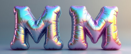 Two oversized, shiny balloon letters M stand side by side, showcasing a mesmerizing iridescent sheen that reflects a spectrum of colors. This playful and eye-catching image evokes a sense of celebration and joy, perfect for festive occasions or personal milestones.の素材