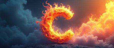 A stunning depiction of the letter C engulfed in vibrant flames, set against a backdrop of swirling, dramatic clouds. This captivating image evokes a sense of power and energy, symbolizing creativity and passion in a visually striking manner.の素材