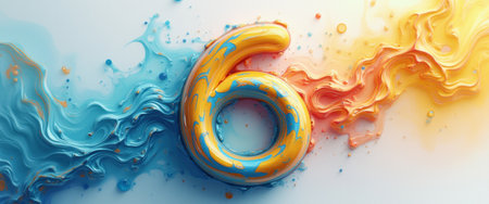A bold, three-dimensional number six emerges from a mesmerizing blend of blue and orange swirls, creating a striking visual impact. The fluid motion of the colors evokes a sense of energy and creativity, making it perfect for artistic projects or celebrations.の素材
