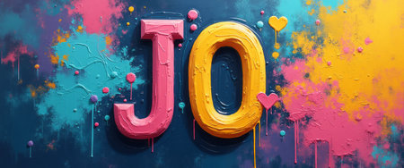 This eye-catching graffiti artwork features the letters Jo in bold, textured colors, surrounded by playful splashes of pink, blue, and yellow. The dynamic composition radiates joy and creativity, making it a perfect representation of modern urban art that celebrates individuality and expression.の素材