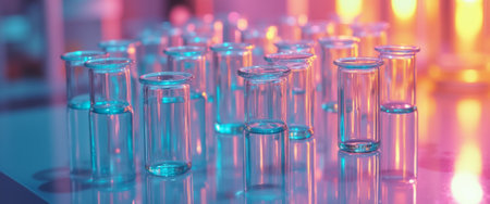 A stunning array of glass vials filled with shimmering liquid creates a captivating scene, illuminated by colorful lights. The interplay of reflections and hues evokes a sense of scientific wonder and creativity, inviting viewers to explore the mysteries of experimentation.の素材