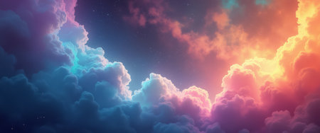 A breathtaking view of fluffy clouds bathed in a stunning gradient of vibrant colors, creating a surreal and dreamlike atmosphere. The interplay of soft blues, pinks, and oranges evokes a sense of wonder and tranquility, inviting viewers to lose themselves in this celestial spectacle.の素材