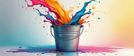 A metallic bucket overflows with a spectacular splash of colorful paint, creating a lively and artistic scene. The vivid hues of orange, blue, and purple dance in the air, evoking a sense of creativity and joy, perfect for inspiring artists and dreamers alike.の素材