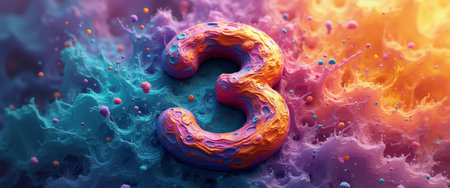 A striking 3D representation of the number three emerges from a swirling backdrop of vivid colors, blending shades of blue and orange. This captivating image evokes a sense of energy and creativity, perfect for celebrating milestones or artistic endeavors.の素材