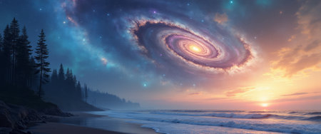 A breathtaking view of a swirling galaxy illuminates the twilight sky above a serene beach, where gentle waves kiss the shore. This captivating scene merges the wonders of the universe with the peacefulness of nature, inviting viewers to ponder the mysteries of existence.の素材