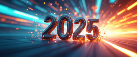 The bold number 2025 stands out against a backdrop of radiant light trails and sparkling effects, symbolizing the excitement of the New Year. This visually striking image captures the essence of celebration and anticipation, inviting viewers to embrace new beginnings and possibilities.の素材