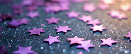 A dazzling array of purple star-shaped confetti glimmers against a dark, glittering backdrop, creating a festive and magical atmosphere. This enchanting scene captures the essence of celebration, perfect for events like New Years Eve or parties, inviting joy and wonder.の素材
