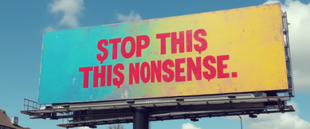 A striking billboard displays a vibrant gradient background with bold red text that reads STOP THIS THIS NONSENSE. The powerful message captures attention, encouraging viewers to reflect on societal issues and take a stand against absurdity.の素材