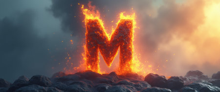 A striking letter M bursts forth from a bed of glowing lava, surrounded by dark, smoky clouds. This powerful image captures the raw energy of nature, symbolizing strength and transformation in a dramatic, fiery display.の素材