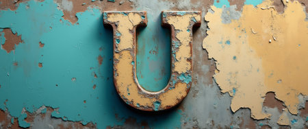 A large, vintage letter U stands out against a backdrop of peeling turquoise and yellow paint, evoking a sense of nostalgia and character. The distressed textures and colors create a captivating visual story, inviting viewers to appreciate the beauty in decay and the passage of time.の素材