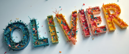 The name OLIVIER is artistically crafted from vibrant letters adorned with an array of colorful flowers and delicate foliage. This lively composition radiates creativity and joy, making it perfect for celebrations or personal branding.の素材