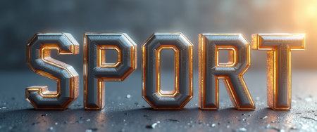 The bold, three-dimensional letters spelling SPORT gleam with a metallic finish, reflecting warm light that enhances their dynamic presence. This striking image captures the essence of athleticism and energy, making it perfect for promoting sports-related themes and activities.の素材
