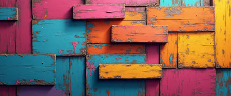 An eye-catching arrangement of weathered wooden planks in bold colors creates a lively and artistic backdrop. The interplay of pink, blue, orange, and yellow evokes a sense of creativity and joy, perfect for adding a splash of color to any project.の素材