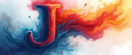 A bold letter J emerges from a vibrant swirl of colors, blending fiery reds and oranges with cool blues. This artistic representation captures the essence of creativity and passion, inviting viewers to explore the dynamic interplay of warmth and coolness.の素材