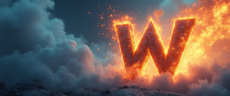 A striking letter W ignites with fiery brilliance, emerging dramatically from a backdrop of swirling clouds. This captivating image evokes a sense of power and intensity, symbolizing strength and creativity in a visually stunning display.の素材