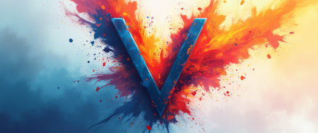 A striking visual showcases a bold letter V surrounded by an explosive burst of vibrant colors, blending fiery oranges and cool blues. This captivating design symbolizes energy and creativity, making it perfect for branding or artistic projects that aim to inspire and engage.の素材