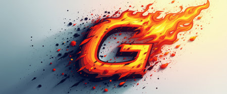 A bold letter G bursts into flames, radiating energy and excitement against a soft gradient background. The fiery design, with splashes of orange and red, creates a sense of movement and intensity, perfect for capturing attention in any creative project.の素材
