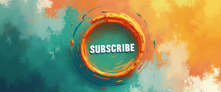A striking circular subscribe button is set against a backdrop of swirling, vibrant colors, creating an energetic and inviting atmosphere. The bold SUBSCRIBE text stands out, encouraging engagement and interaction in a visually captivating way.の素材