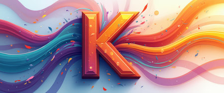 A striking letter K stands prominently against a backdrop of swirling waves in vivid colors, creating a dynamic and festive atmosphere. The playful confetti adds a touch of celebration, making this image perfect for creative projects that seek to convey energy and excitement.の素材