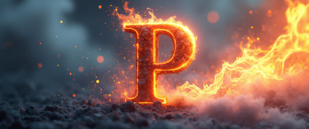 A striking letter P ignites with flames, surrounded by a mystical smoky backdrop that enhances its fiery essence. This captivating image symbolizes passion and intensity, inviting viewers to explore the power of the letter in a dramatic and artistic way.の素材