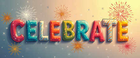 A vibrant and festive display of the word CELEBRATE in bold, glossy letters is surrounded by sparkling fireworks. This lively composition radiates joy and excitement, perfect for any celebration or special occasion.の素材