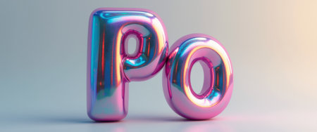 The image features glossy 3D letters Po that shimmer in a captivating blend of pink and blue tones, creating a modern and playful aesthetic. The reflective surface adds depth and intrigue, making it perfect for creative projects or branding that seeks to convey a sense of fun and innovation.の素材