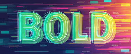 The image features the word BOLD in striking, neon-like typography, set against a backdrop of colorful, abstract digital lines. This energetic design captures the essence of modernity and innovation, making it perfect for tech-related themes or motivational content.の素材