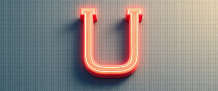A striking neon letter U glows vibrantly against a subtle gray grid background, creating a modern and stylish aesthetic. This eye-catching design element is perfect for branding, signage, or artistic projects, radiating a sense of energy and creativity.の素材