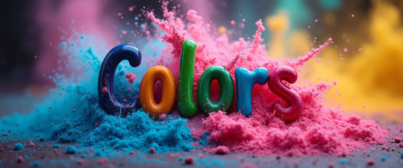 The word Colors is playfully crafted from bright, glossy letters, surrounded by an explosion of vivid pink, blue, and yellow powder. This dynamic scene captures the essence of creativity and joy, inviting viewers to celebrate the beauty and diversity of colors in life.の素材