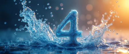 A stunning visual captures the number four, artistically crafted from water, as it dramatically splashes against a serene backdrop. The interplay of light and water creates a mesmerizing scene, symbolizing freshness and vitality, perfect for celebrating new beginnings.の素材