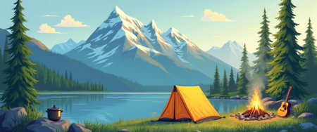 A picturesque lakeside camping setup features a bright orange tent beside a crackling campfire, surrounded by majestic mountains and lush evergreen trees. This serene landscape evokes a sense of adventure and tranquility, inviting nature lovers to unwind and connect with the great outdoors.の素材