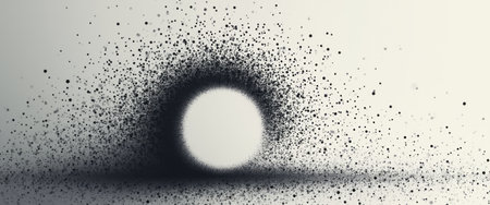 An intriguing abstract image showcases a luminous sphere, symbolizing the sun, surrounded by a dynamic explosion of dark particles. This captivating visual evokes a sense of mystery and wonder, inviting viewers to ponder the interplay between light and shadow in a minimalist setting.の素材