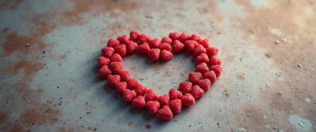A delightful heart shape crafted from vibrant red candies sits on a rustic, textured surface, radiating warmth and affection. This charming composition evokes feelings of love and sweetness, perfect for celebrating special moments or expressing heartfelt emotions.の素材